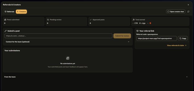 A screenshot of the Project Mars "Referrals & Creators" dashboard showing no submitted posts, 0 pending reviews, and €0.00 total earned, with the user's referral link "spacequotation" visible. The creator has just applied to the @projectmars_rh creator program via the referral link displayed in the panel.