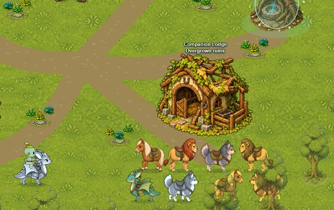 The screenshot shows the free browser game PlayMossling, featuring a "Companion Lodge - Overgrown ruins" where a character with a glowing companion stands near a collection of magical mounts and creatures on a grassy landscape. The image visually represents the game's features mentioned in the post, including the mossling character, personal home (hollow), and the leafy, nature-themed world with companions and mounts to collect.