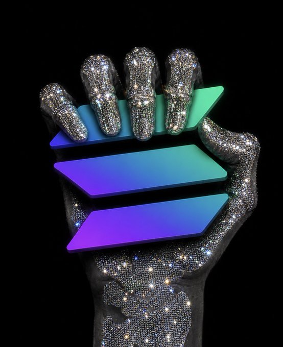 A digitally rendered hand encrusted in sparkling diamonds holds a stacked, stylized 3D logo featuring gradient purple, blue, and teal horizontal bars against a black background.