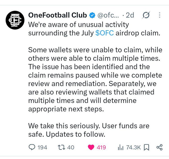 A screenshot of a tweet from OneFootball Club (@ofc...) acknowledging 'unusual activity surrounding the July $OFC airdrop claim,' stating some wallets claimed multiple times and that the claim is paused for review.