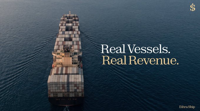 A cargo container ship sails through open water with overlay text 'Real Vessels. Real Revenue.' and 'EhraShip' in the corner.