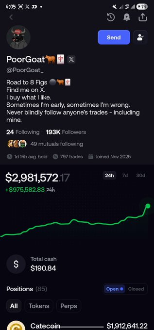 The image shows the X/Twitter profile of "PoorGoat" (@PoorGoat_) displaying a portfolio worth $2,981,572.17 (+$975,582.83 in 24h) with a strong upward-trending chart, 85 open positions, and a bio that humorously warns "Never blindly follow anyone's trades - including mine." This visually supports the post's claim that @PoorGoat_ grew from $2.43M to $2.98M (+$550K) in just 3 hours, far outpacing @poortardio's minimal gains.