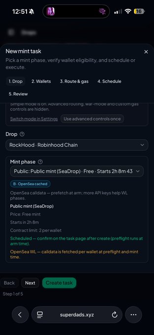The image shows a "New mint task" configuration screen on a website (superdads.xyz) for setting up a public mint on the RockHood/Robinhood Chain, with options to select wallet, route/gas, and schedule, starting in 2 hours and 8 minutes. The caption relates to the post "There" by showing a minting platform interface where a user can preview and schedule an upcoming token mint task.