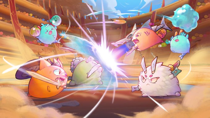A dynamic crossover battle between cute round creatures, featuring a Moogle-like character clashing with an orange fox-like Axie, alongside other whimsical creatures, as the energy burst in the center symbolizes the excitement of building and battling with your favorite Axie.