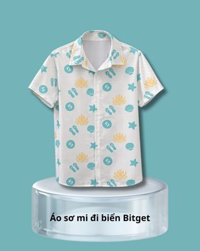 A white short-sleeve Hawaiian-style shirt decorated with turquoise starfish, seashells, and yellow coral patterns is displayed on a circular pedestal against a teal background, with the Vietnamese text "Áo sơ mi đi biển Bitget" (Bitget beach shirt) shown at the base.

This image relates to the post as a promotional giveaway item, where the beach shirt is offered as merchandise to participants who join the COIN4SHORT team on Bitget and complete at least 1,000 USDT in Futures trading volume, with users encouraged to comment the image as proof of completion.