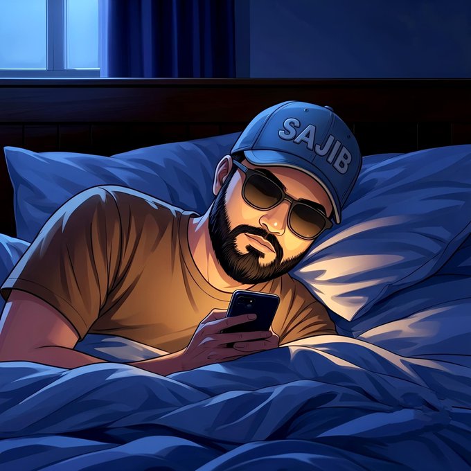 An illustration of a bearded man wearing a 'SAJIB' cap and sunglasses lying in bed and looking at a smartphone.
