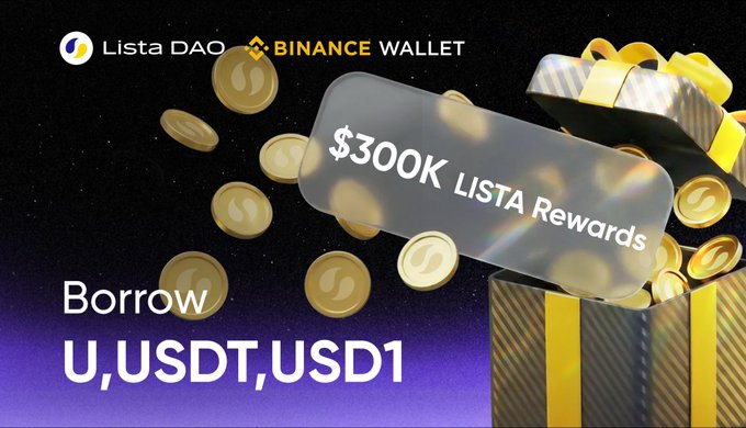 A poster or advertisement with a box full of gold coins on it. The title says "borrow $300k Lista rewards." This suggests that you can potentially buy something for 300K USDC. It could be Bitcoin, lista wallet or any other cryptocurrency. The image is very colorful and appealing to the viewer's eye as there are numerous pieces of yellow and brown coins in a box on top of it.