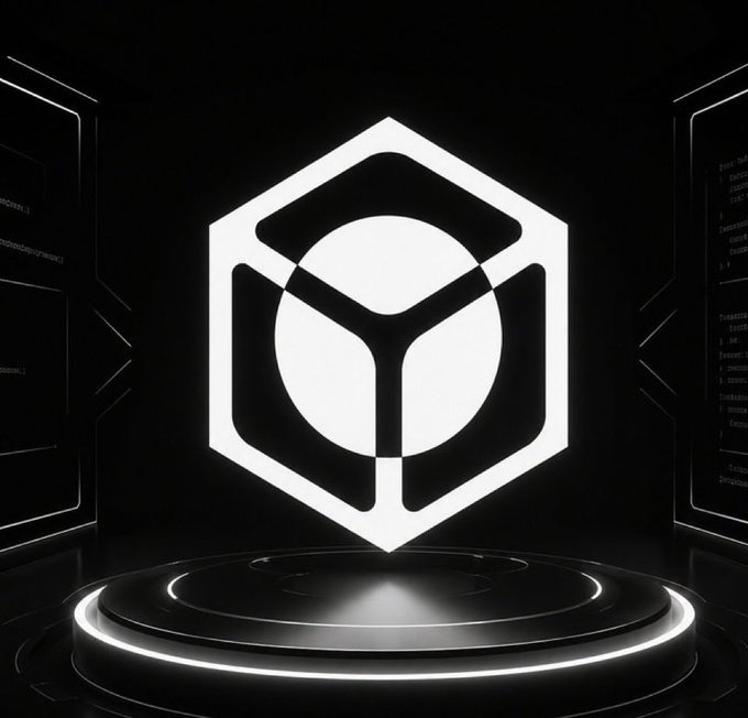 A minimalist black and white digital rendering of a hexagonal cryptocurrency logo displayed on a circular illuminated platform with code visible on surrounding screens.