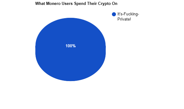 A satirical pie chart titled "What Monero Users Spend Their Crypto On" shows 100% of spending going to "It's-Fucking-Private!" — humorously emphasizing Monero's core appeal of complete transactional privacy. The joke aligns with the post's title by implying that the main use case of Monero is simply valuing privacy itself.