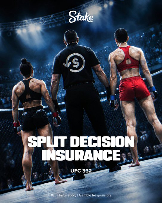 An advertisement for 'Stake' promoting 'SPLIT DECISION INSURANCE' for UFC 332, showing a referee and two female fighters from behind inside a cage.