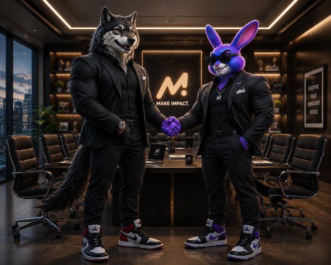 The image features two men dressed in suits, one wearing a black suit with a wolf head mask and the other wearing a purple suit with a rabbit head mask. They are shaking hands over a desk, which has a laptop computer on it. The background of the image shows several chairs arranged around a conference table, suggesting that they might be in an office setting or a meeting room.