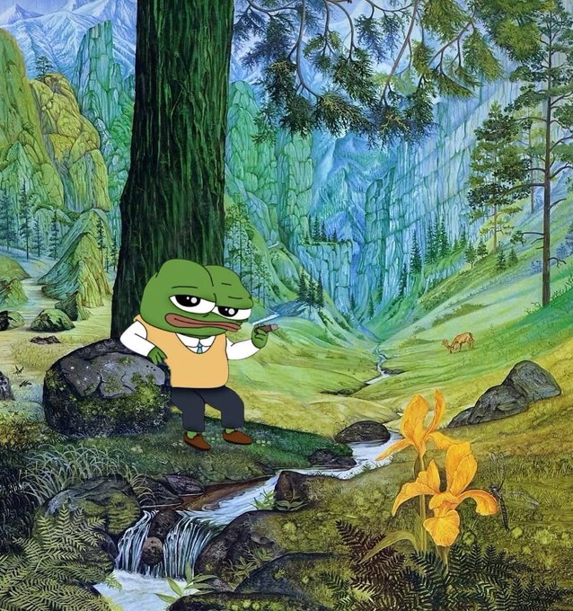 A digitally edited image combining a cartoon frog character wearing a sweater vest with a detailed painted forest landscape featuring a waterfall, mountains, and a deer.