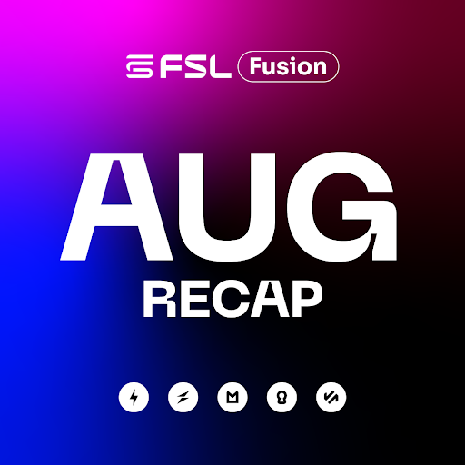 A purple and blue gradient graphic for 'FSL Fusion' titled 'AUG RECAP' featuring five product icons at the bottom.