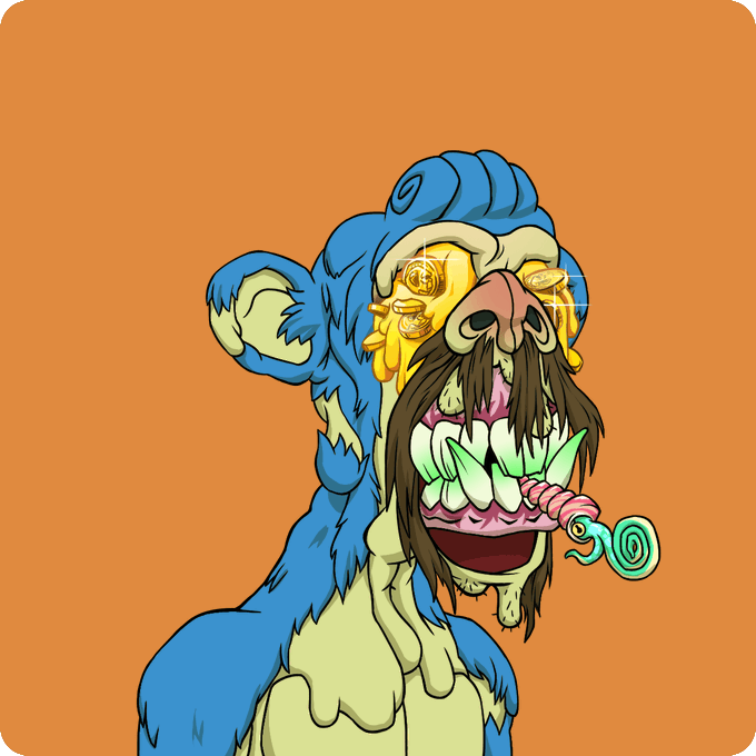A cartoonish blue and yellow ape with glowing coin-filled eyes, long brown teeth, and a wide toothy grin, depicted against an orange background.