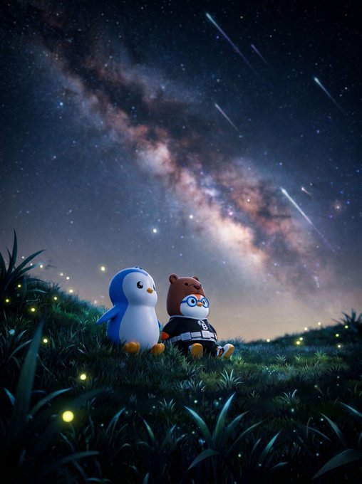 The image features two stuffed animals, a penguin and a bear, sitting together under a starry sky with a galaxy backdrop. They are positioned near each other, facing away from the camera. The background of the image is filled with stars, creating an enchanting atmosphere. The caption below the image reads "Believe in $PENGU".