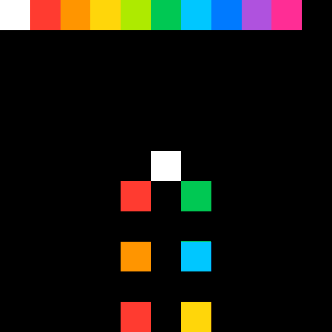 A graphic showing the CMYK color palette at the top, with a sparse arrangement of colored squares below on a white background.