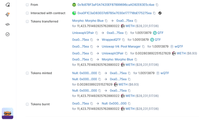 A cryptocurrency tracking interface displays token transfers, minting, and burning activities involving wallets (0x1b878F3aF0A7420EF8789969caAD92E63E5c4ae and 0xa0F1C3aD83E0D7d78e7030e177718bE175275ea), showing transactions of wQTF, WETH, and interactions with Morpho: Morpho Blue and UniswapV2Pair.