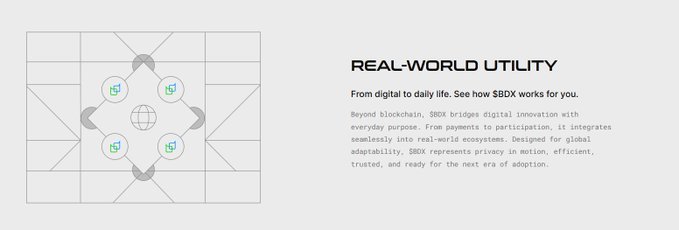 A graphic titled 'REAL-WORLD UTILITY' describing $BDX as a bridge connecting blockchain to everyday ecosystems, featuring a geometric diagram with interconnected nodes.