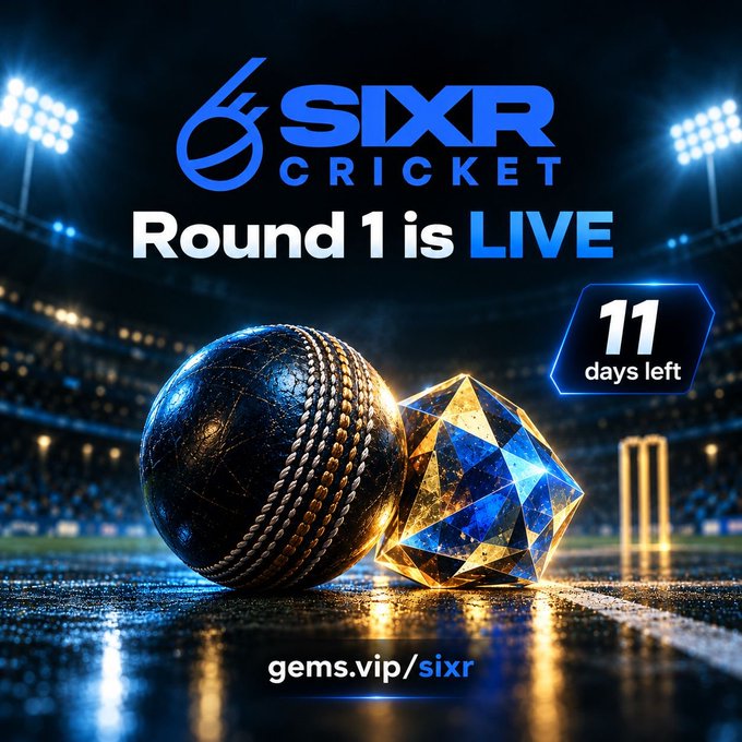 A promotional graphic for '6SIXR CRICKET' featuring 'Round 1 is LIVE' with '11 days left' and a cricket ball next to a blue gem, displayed against a stadium background with the URL 'gems.vip/sixr'.