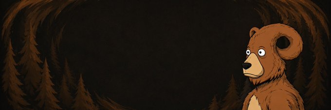 A cartoon-style illustration of a wide-eyed brown bear peeking from the right side of the frame against a dark, textured cave background.