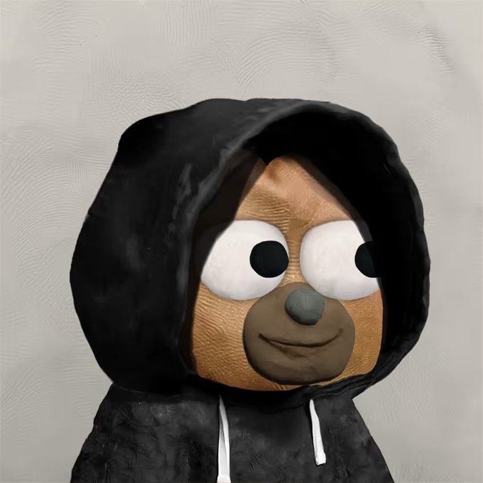 A 3D claymation-style figure with a stitched, googly-eyed teddy bear face peeks out from a black hoodie, embodying the playful "EAT. SLEEP. CLAY. REPEAT." mantra by showcasing the textured, handcrafted charm of clay art.