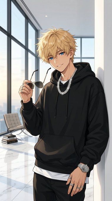 An anime-style illustration shows a blonde-haired man in a black hoodie and silver chain necklace, holding sunglasses in a modern room with large windows.