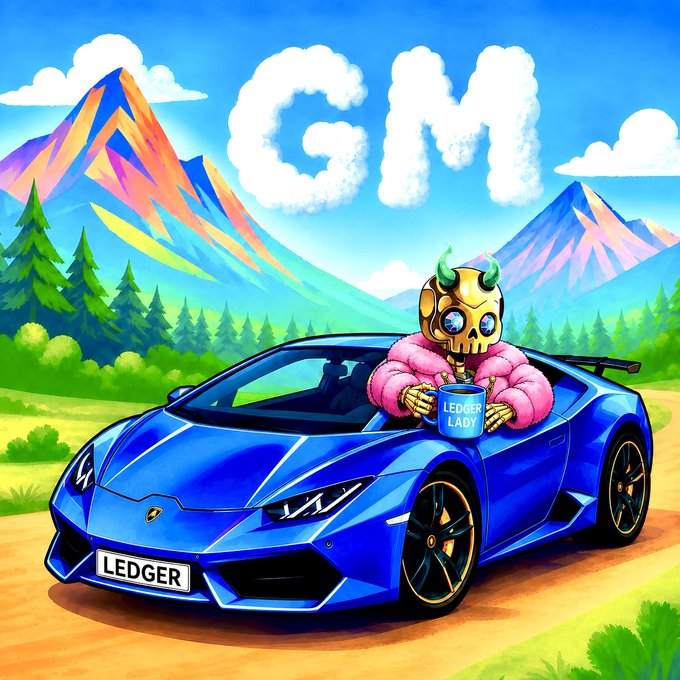 A vibrant illustration of a skeleton character in a pink fur coat sitting on a blue Lamborghini with a 'LEDGER' license plate, holding a 'LEDGER LADY' mug, with 'GM' spelled out in clouds above a mountain landscape.