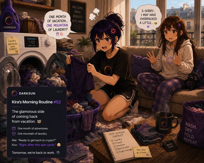 An anime-style illustration depicting two girls in a laundry-filled room with text bubbles discussing their overloaded post-vacation chores, including a post overlay from 'DARKSUN' titled 'Kira's Morning Routine #52'.