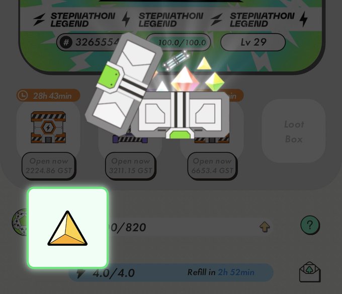 A screenshot from the STEPN app showing a "Loot Box" opening interface with a Lv 29 Stepnathon Legend account, displaying options to open boxes for GST, and a highlighted energy refill icon with "4.0/4.0" and "Refill in 2h 52min" text.