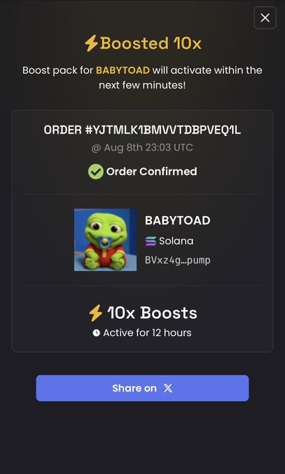 A mobile app confirmation screen for a 'Boosted 10x' boost pack for the BABYTOAD token on the Solana network, showing order confirmation and 12 hours of active boosting.