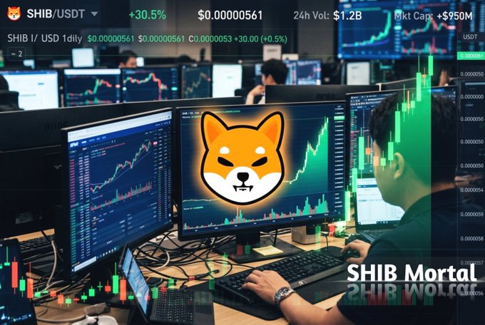 A trader sits before multiple monitors displaying candlestick charts of SHIB/USDT trading at $0.00000561 with a +30.5% surge, 24-hour volume of $1.2B, and market cap growth of $950M, while a large Shiba Inu dog logo is overlaid on the screens—visually capturing the meme coin's explosive 30% rally and intense retail trading activity referenced in the post.