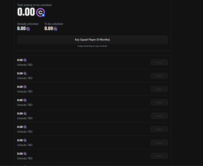 A dark-themed dashboard displays a 'Total airdrop to be unlocked' of 0.00 with 'Already unlocked' and 'To be unlocked' sections, showing a 'Key Squad Player (9 Months)' role with 0 days remaining on the contract.