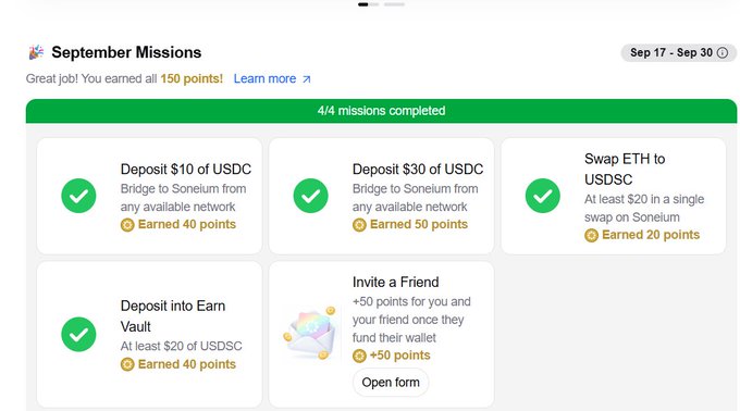 A screenshot of a 'September Missions' rewards page showing 4 out of 4 missions completed, including tasks like 'Deposit $10 of USDC' and 'Swap ETH to USDC' with various points earned.