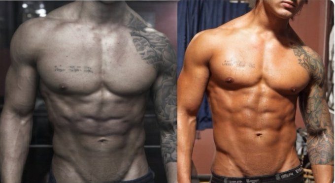 A side-by-side before-and-after fitness comparison showing a man's torso, highlighting his physical transformation from a less defined physique on the left to a muscular, tan, and highly defined body on the right.
