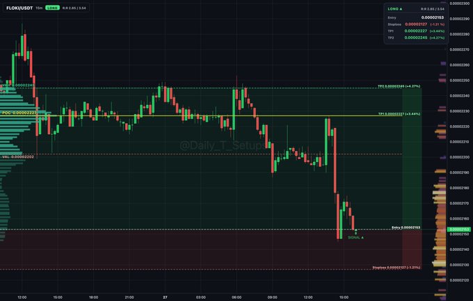 A candlestick chart of FLOKI/USDT on Binance showing a sharp price drop, with technical indicators, TP/SL levels, and a volume profile visible on the right side.