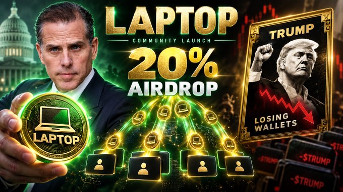 A promotional graphic for 'LAPTOP COMMUNITY LAUNCH' advertises a '20% AIRDROP' featuring a man resembling Hunter Biden holding a 'LAPTOP' coin, contrasted with an image of Donald Trump and text indicating 'TRUMP LOSING WALLETS'.