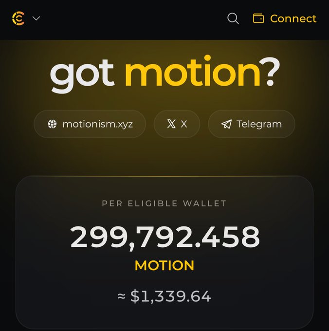 The image displays a dark-themed webpage with the headline "got motion?" highlighting a token amount of **299,792.458 MOTION** (~$1,339.64) per eligible wallet, along with links to motionism.xyz, X, and Telegram. The accompanying post promotes a new **$MOTION airdrop** on Injective for Ninja Pass holders who meet specific trading volume or liquidity position requirements.