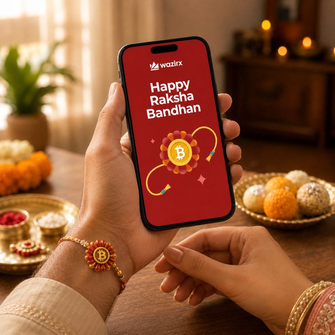 A hand tying a Bitcoin-themed rakhi on a sibling's wrist, with a phone displaying the WazirX app and a "Happy Raksha Bandhan" message in the background. The image visually reinforces the post's theme of gifting crypto to siblings on Raksha Bandhan via the WazirX app.