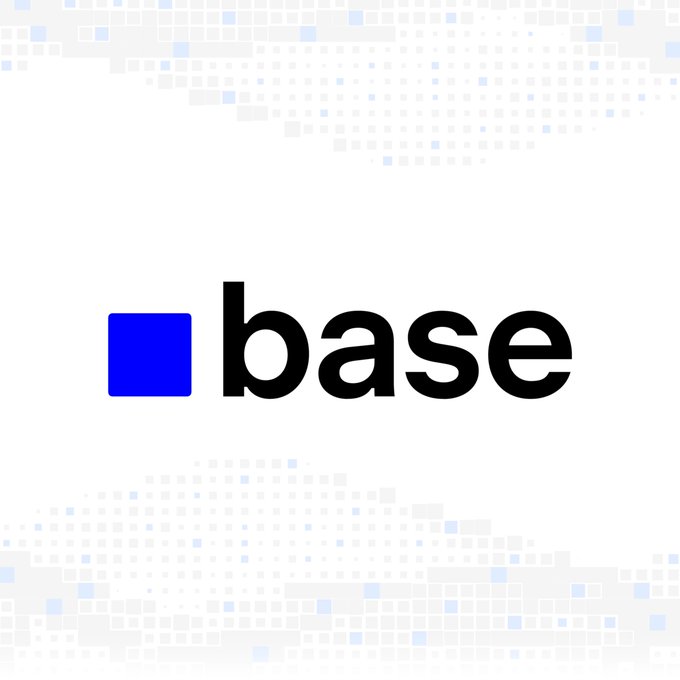 The Coinbase "base" logo is displayed in black text with a distinctive blue square icon, set against a white background with a subtle pixelated gray pattern at the top and bottom. The image directly reinforces the post's message, with the "base" branding visually emphasizing continued support for the Base platform.