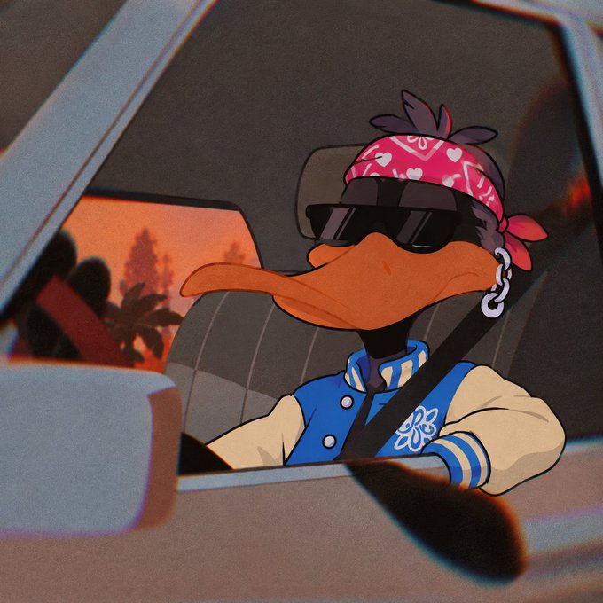 An animated cartoon duck wearing sunglasses, a pink bandana, an earring, and a varsity jacket sits in the driver's seat of a car at sunset.