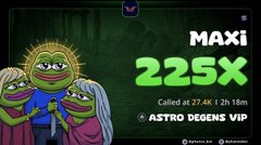 The image promotes a “MAXI” token at a 225× valuation, with text noting it “Called at 27.4K | 2h 18m” and a 7-day VIP plan. It relates to the post about a $7,900 gain in $MAXI and an upcoming 1 $SOL airdrop to 50 followers.