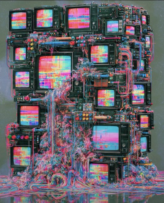 A chaotic, colorful digital artwork featuring a large cluster of vintage CRT televisions displaying glitchy static, entangled with vibrant pink, blue, and purple wires.