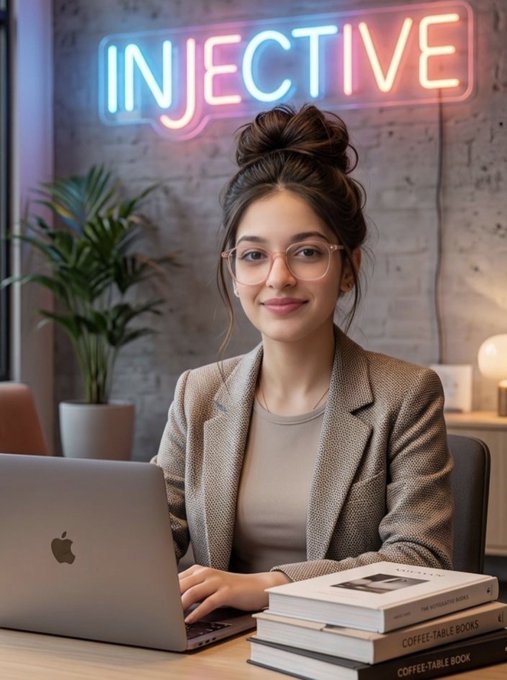 The image features a woman sitting at a desk with an open laptop computer, surrounded by several books. The scene suggests that she might be working or studying, possibly related to finance or business. In the background, there are neon lights and a brick wall, which could indicate that this is taking place in a modern office environment. The image also contains text about the Injective fund being live and its recent listing on the Thai Securities Exchange.