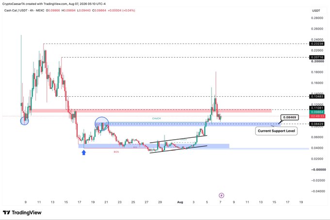 A TradingView 4-hour chart for CASH/USDT shows price currently at $0.08865 after a recent rally from a "Current Support Level" near $0.08469, with a highlighted "CHoCH" (Change of Character) and "BOS" (Break of Structure) indicating bullish momentum supporting the post's claim that $CASHCAT is poised to reach new all-time highs.