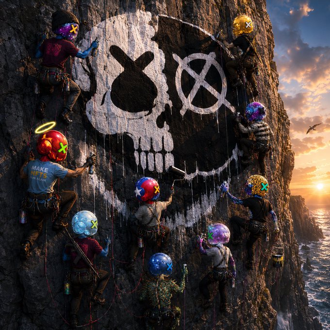 Climbers with colorful skull helmets scale a cliff face to paint a large skull mural with X-shaped eyes, set against a sunset over the ocean.