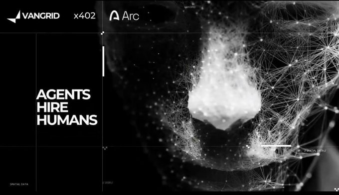 The image displays a VanGrid x402 collaboration with Arc, featuring a dark, digital wireframe design overlaid on a face with the bold text "AGENTS HIRE HUMANS." The accompanying post explains VanGrid's concept of enabling AI agents to interact with the physical world by paying humans to gather real-world visual information, as agents cannot perceive their environment independently.
