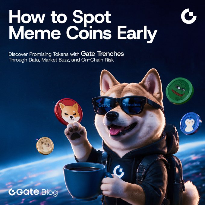 The image is a promotional graphic for a Gate Blog article titled "How to Spot Meme Coins Early," featuring a Shiba Inu dog wearing sunglasses branded with "Gate Trenches" while holding a coffee mug and surrounded by floating meme coin tokens (including Shiba Inu, Pepe, Dogecoin, and Wojak). The subtitle reads "Discover Promising Tokens with Gate Trenches Through Data, Market Buzz, and On-Chain Risk," directly tying into the post's discussion of using Gate Trenches to filter out noise and identify promising meme coins early.