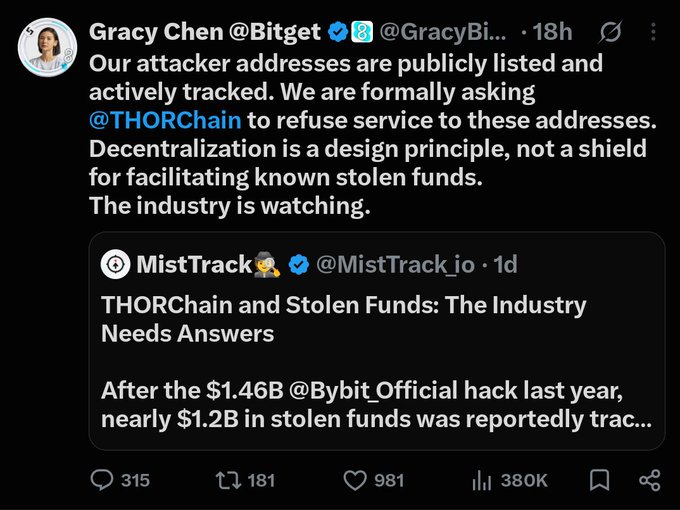 A screenshot of an X/Twitter post by Gracy Chen @Bitget asking @THORChain to refuse service to attacker addresses, referencing stolen funds, with an embedded quote-tweet from MistTrack @MistTrack_io about THORChain and stolen funds from the $1.46B Bybit hack.