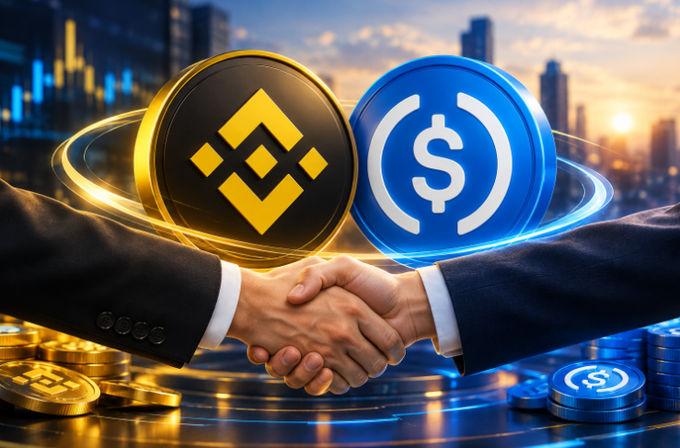 A digital illustration shows two hands in business suits shaking, with a Binance (BNB) coin and a USDC coin floating above them against a city backdrop.