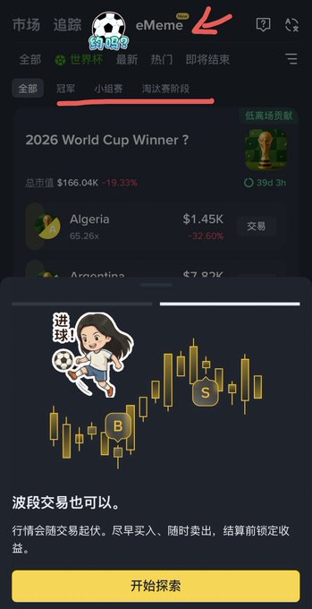 The image shows a screenshot of a Binance Wallet app. The main focus of the screenshot is a post on Binance Wallet's social media platform that includes a picture featuring a girl with a soccer ball, along with a text overlay displaying the event "2024 World Cup Winner". The post also mentions other predicted events such as the Football Carnival Season and forecasts related to football. This content indicates that people are discussing and sharing their predictions about the upcoming FIFA World Cup.